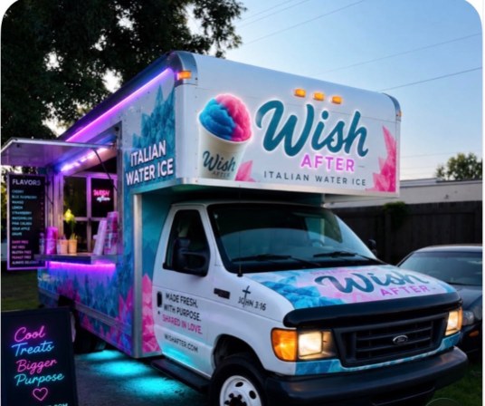 Design concept showing the Wish Ever After truck wrapped in teal and pink water-ice artwork with a lit serving window